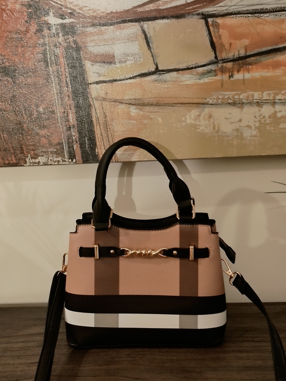 Structured Two-Tone Beige and Black Women’s Satchel - Picture 2 of 10